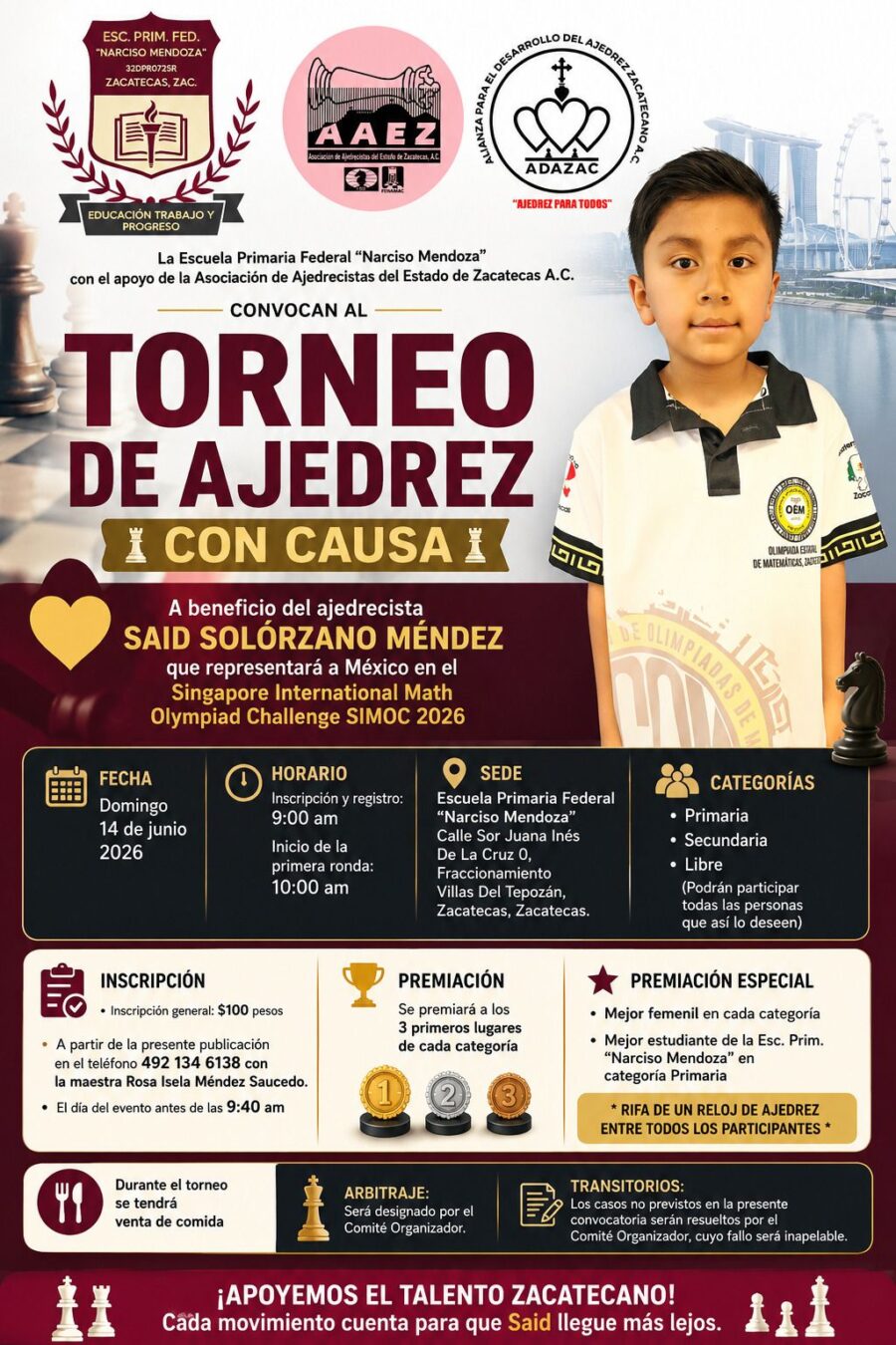 Cartel del torneo: Torneo de Ajedrez con Causa — A beneficio de Said Solórzano Méndez (Zacatecas 2026)