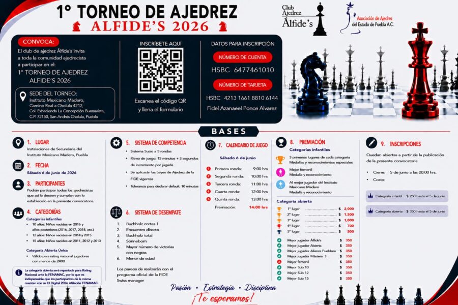 Cartel del torneo: 1° Torneo de Ajedrez Alfide’s 2026 — San Andrés Cholula, Puebla