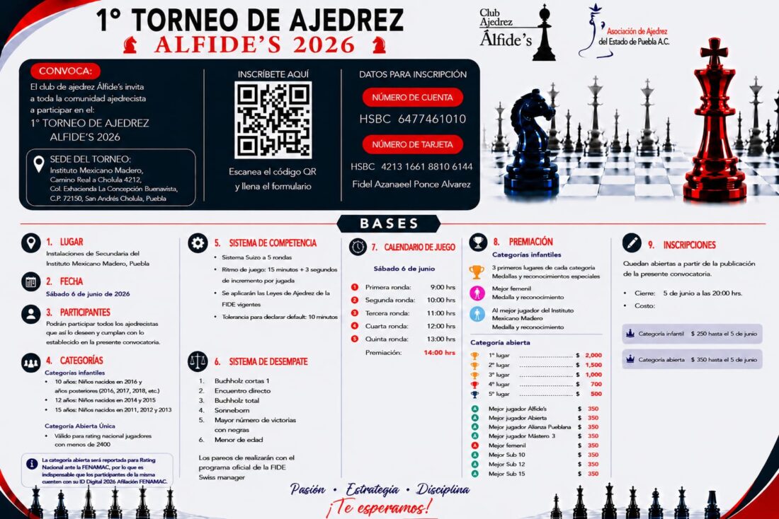 Convocatoria de 1° Torneo de Ajedrez Alfide’s 2026 — San Andrés Cholula, Puebla