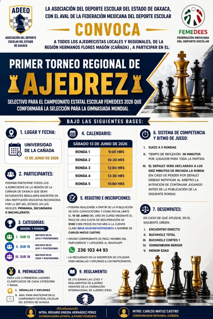 Cartel del torneo: Primer Torneo Regional de Ajedrez — Selectivo FEMEDEES Cañada Oaxaca 2026