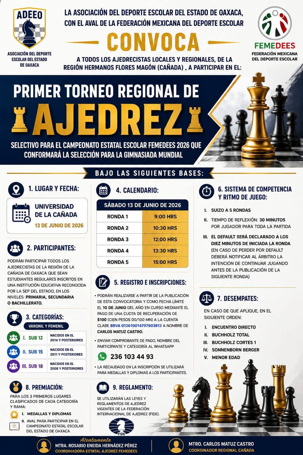 Convocatoria de Primer Torneo Regional de Ajedrez — Selectivo FEMEDEES Cañada Oaxaca 2026
