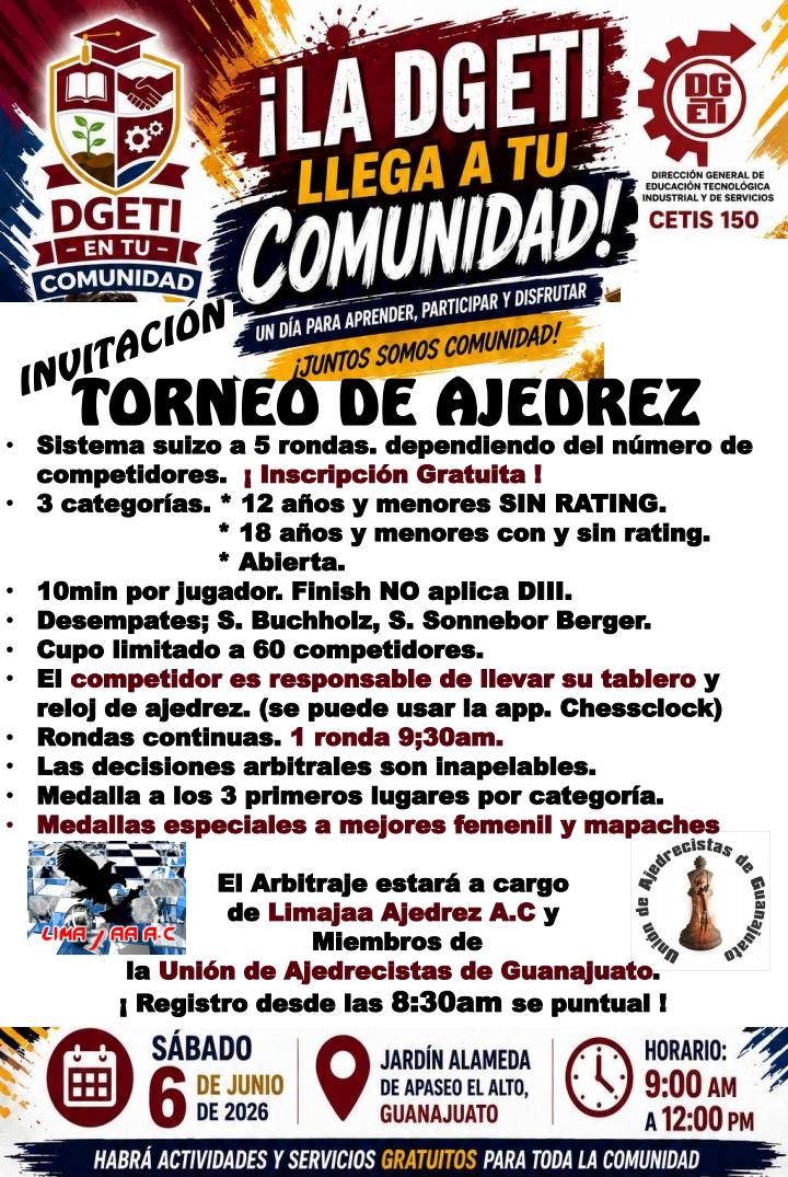 Convocatoria de Torneo de Ajedrez DGETI en tu Comunidad — Apaseo el Alto, Guanajuato 2026