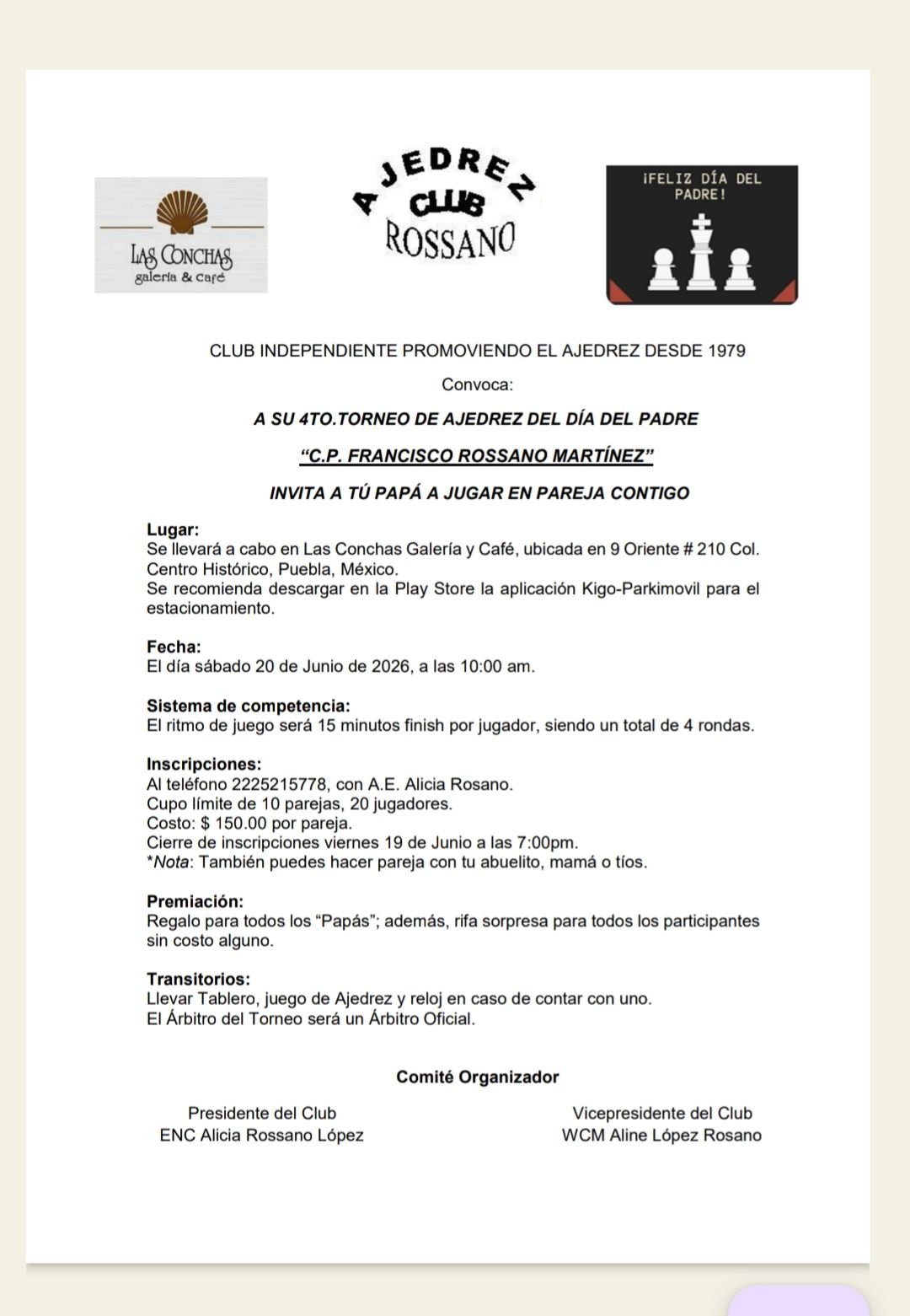 Convocatoria de 4to Torneo de Ajedrez del Día del Padre “C.P. Francisco Rossano Martínez” — Puebla 2026
