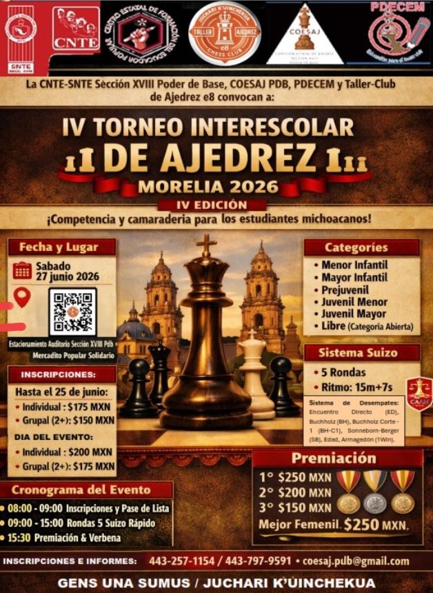 Convocatoria de IV Torneo Interescolar de Ajedrez Morelia 2026