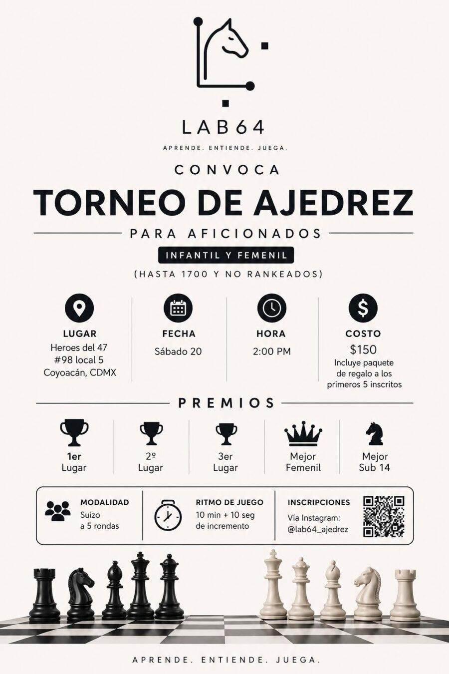 Cartel del torneo: Torneo de Ajedrez LAB64 — Aficionados, Infantil y Femenil