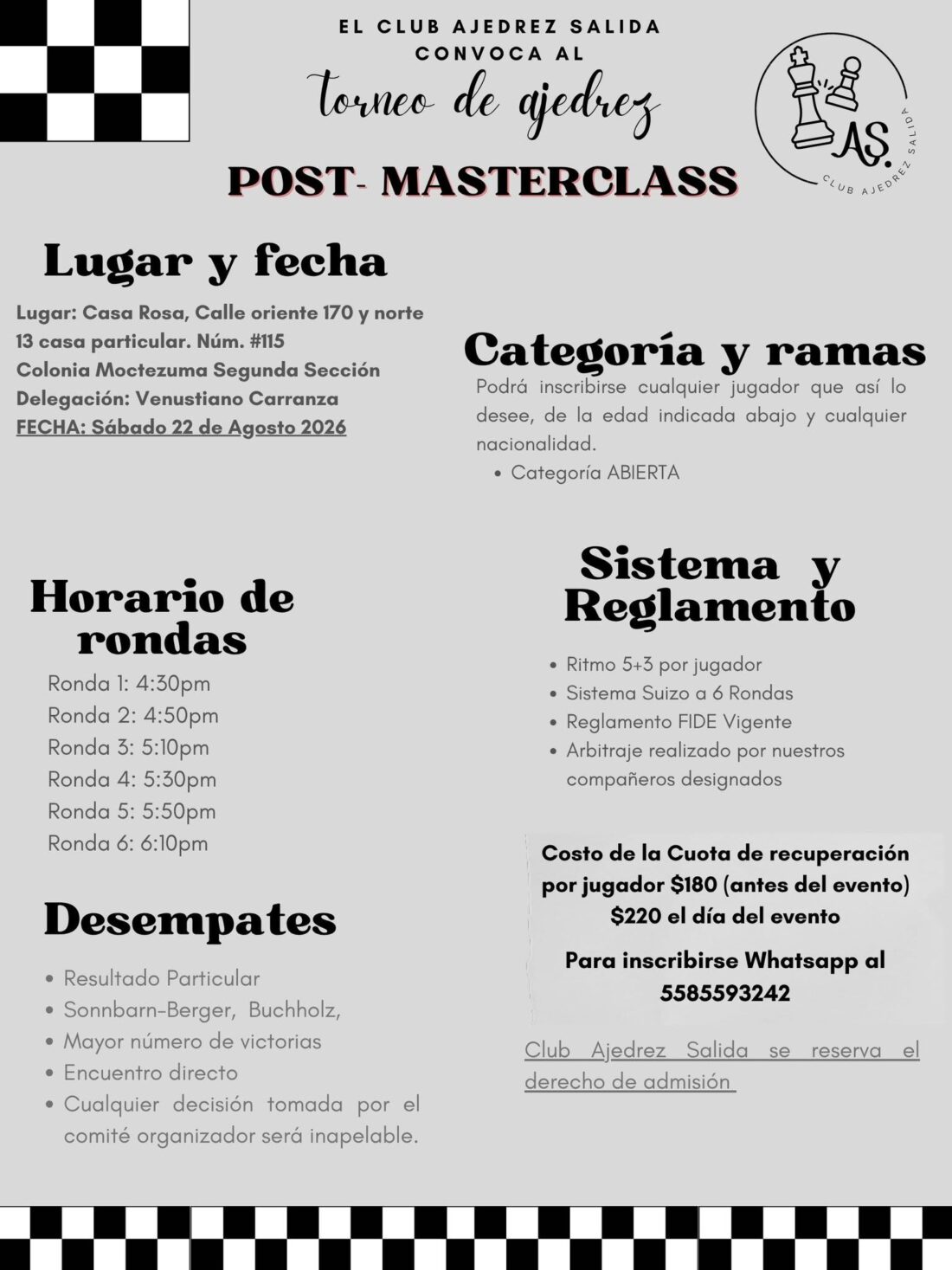 Convocatoria de Torneo de Ajedrez Post-Masterclass — Club Ajedrez Salida