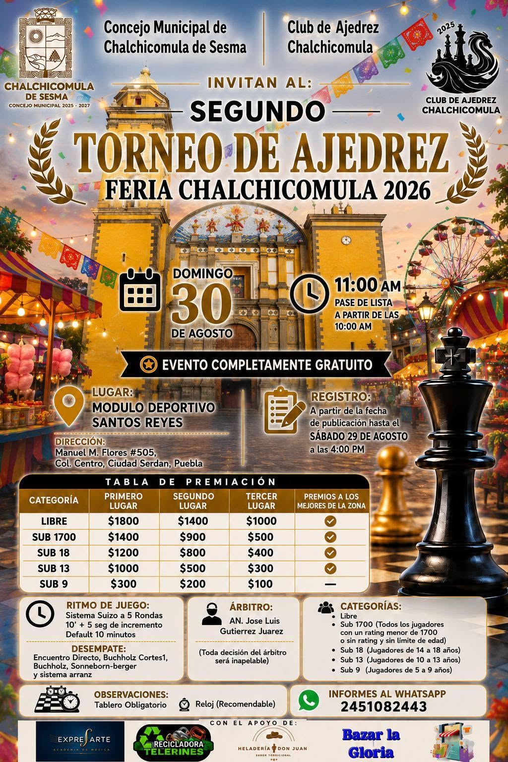 Convocatoria de Segundo Torneo de Ajedrez — Feria Chalchicomula 2026