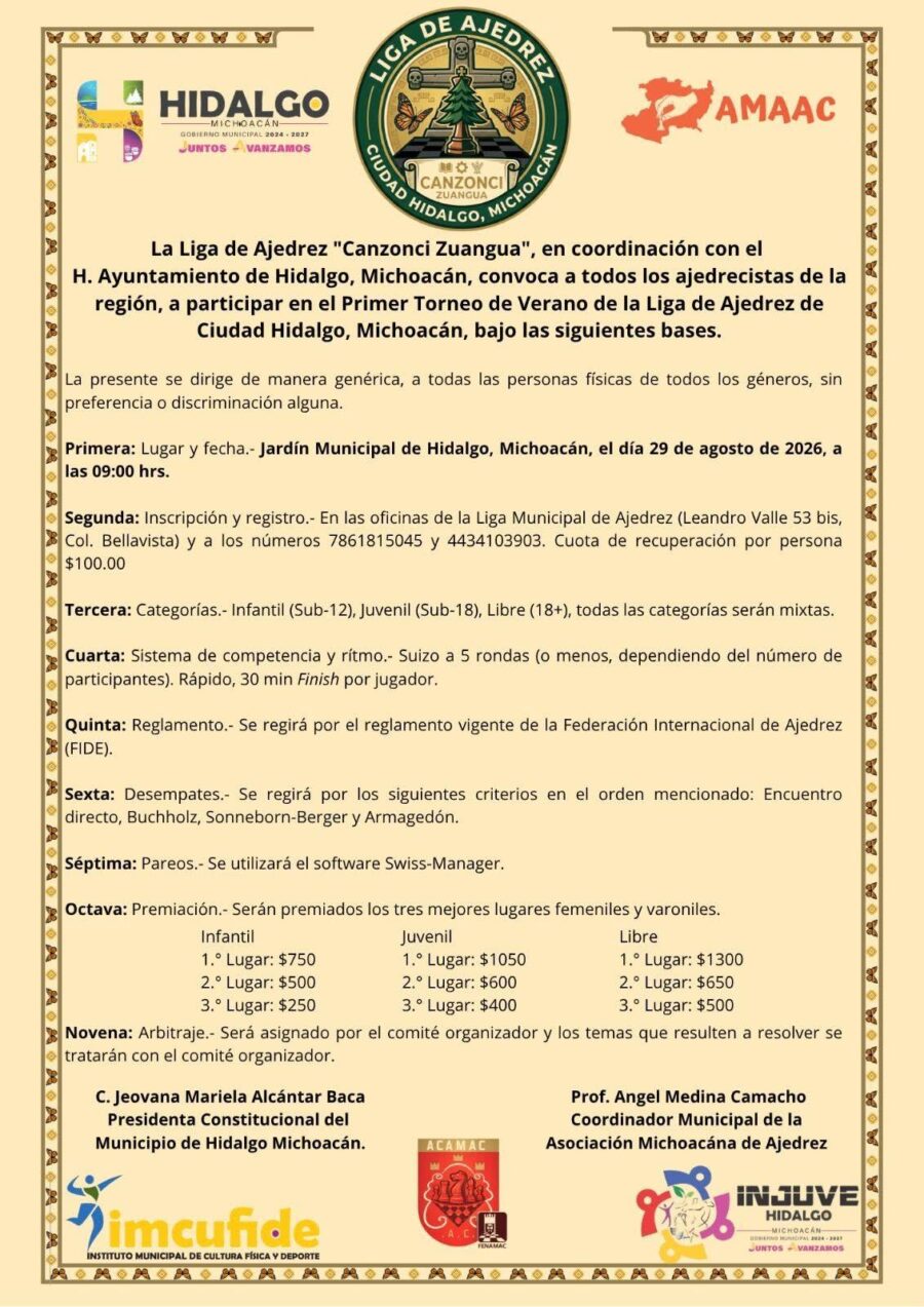 Cartel del torneo: Primer Torneo de Verano — Liga de Ajedrez Canzonci Zuangua, Ciudad Hidalgo