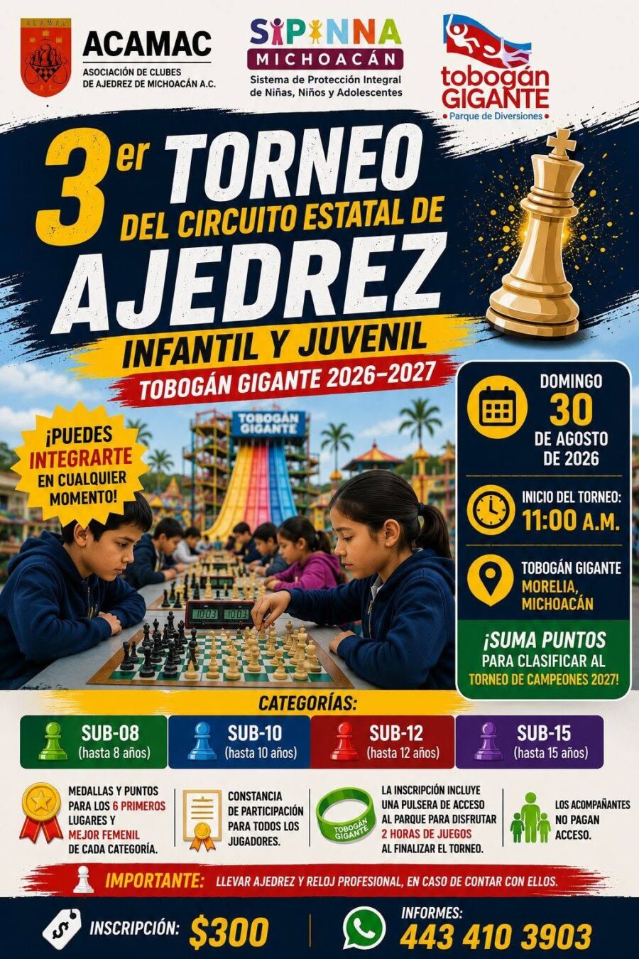 Cartel del torneo: 3er Torneo del Circuito Estatal de Ajedrez Infantil y Juvenil “Tobogán Gigante 2026–2027”