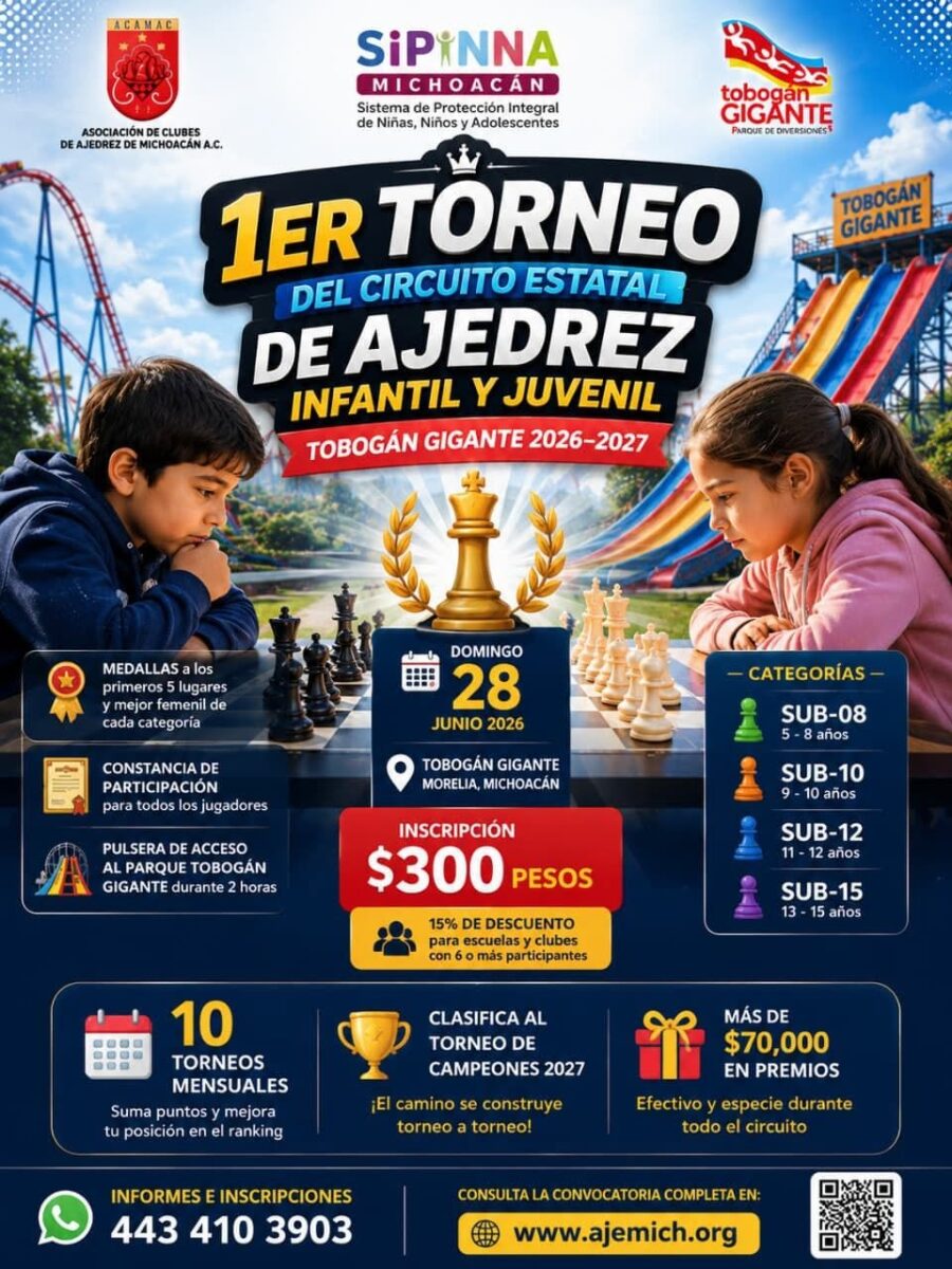 Cartel del torneo: 1er Torneo del Circuito Estatal de Ajedrez Infantil y Juvenil “Tobogán Gigante 2026–2027”
