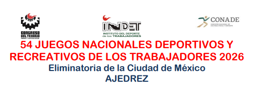 Cartel del torneo: 54 JUEGOS NACIONALES DEPORTIVOS Y RECREATIVOS DE LOS TRABAJADORES 2026 Eliminatoria de la Ciudad de México AJEDREZ