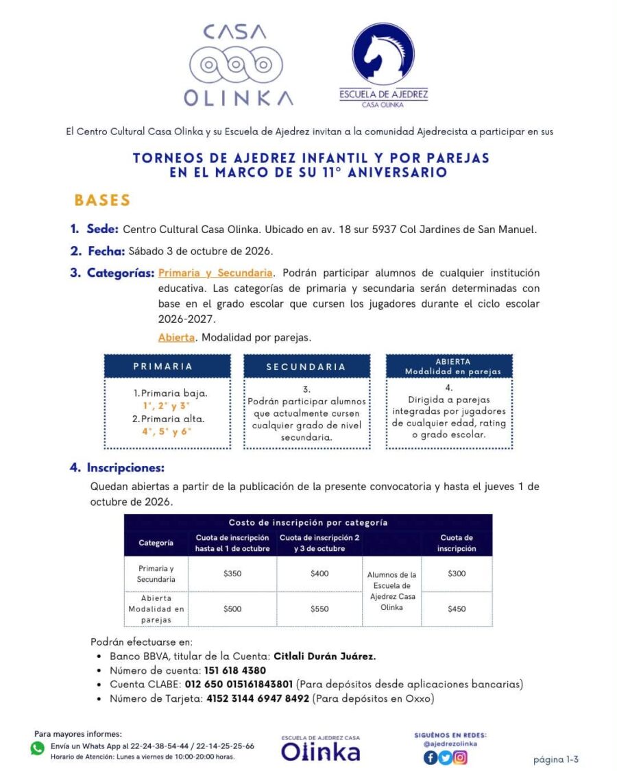 Cartel del torneo: Torneos de Ajedrez Infantil y por Parejas Casa Olinka 2026