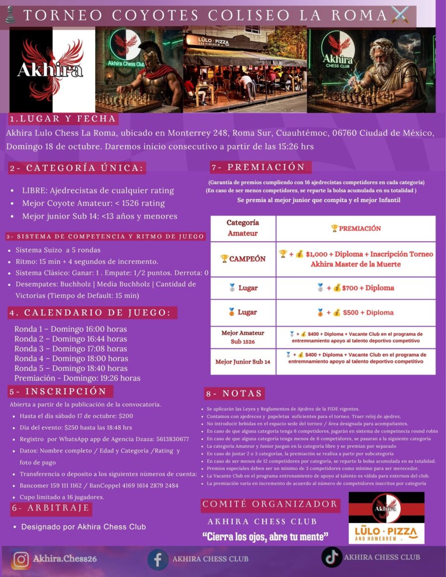 Cartel del torneo: TORNEO COLISEO AKHIRA LA ROMA