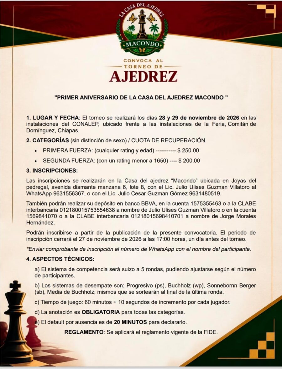 Cartel del torneo: Primer aniversario de la Casa del Ajedrez Macondo