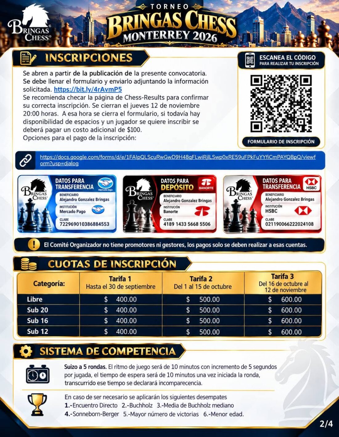 Convocatoria de Torneo Bringas Chess Monterrey 2026