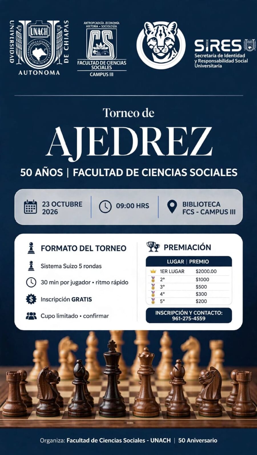 Cartel del torneo: Torneo de ajedrez 50 años, Facultad de Ciencias Sociales UNACH