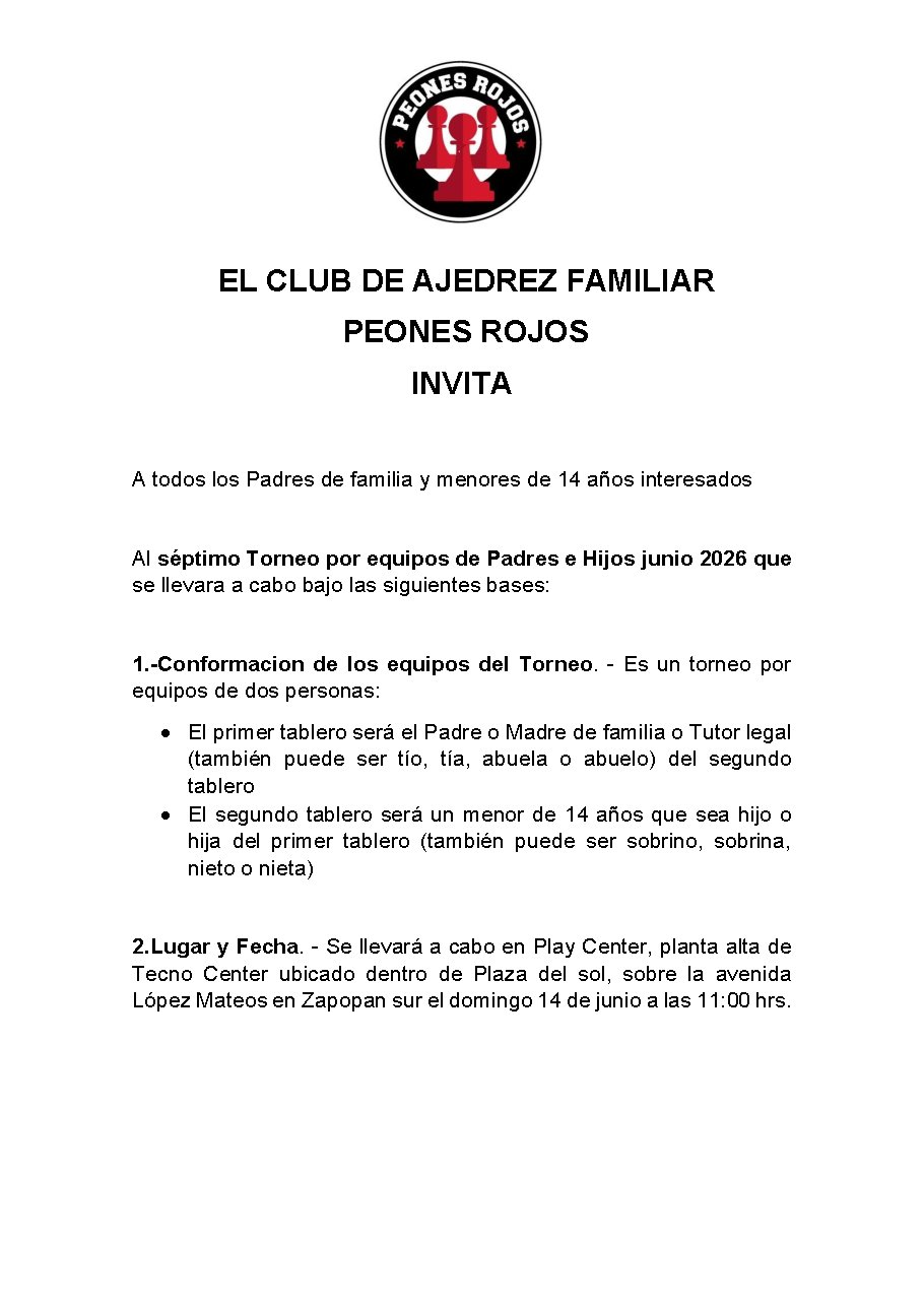 Convocatoria de Séptimo Torneo de Ajedrez Por Equipos de Padres e Hijos
