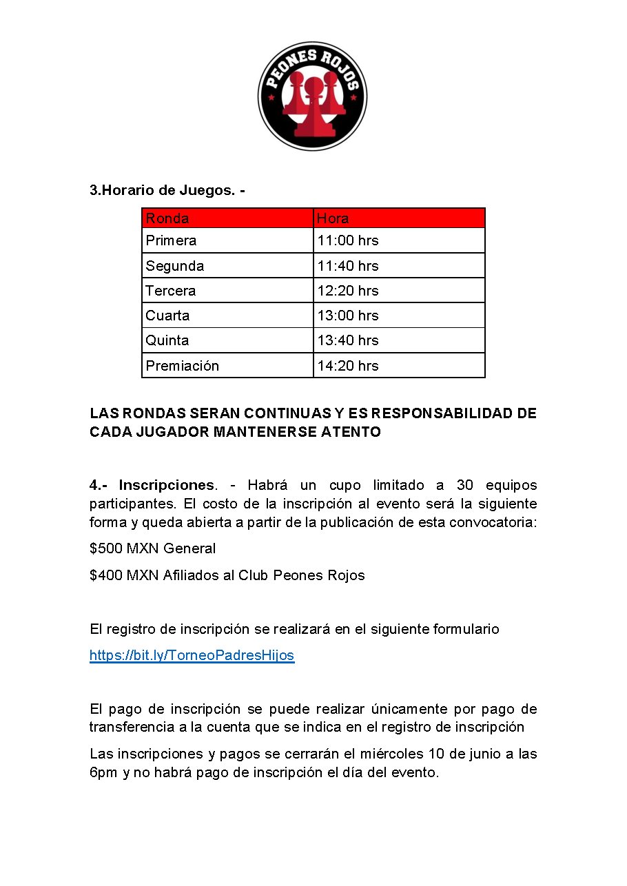 Convocatoria de Séptimo Torneo de Ajedrez Por Equipos de Padres e Hijos