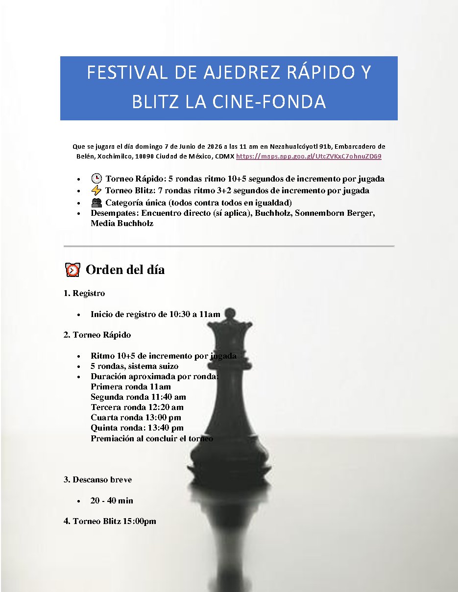 Convocatoria de Festival de ajedrez Rápido y Blitz La cine fonda