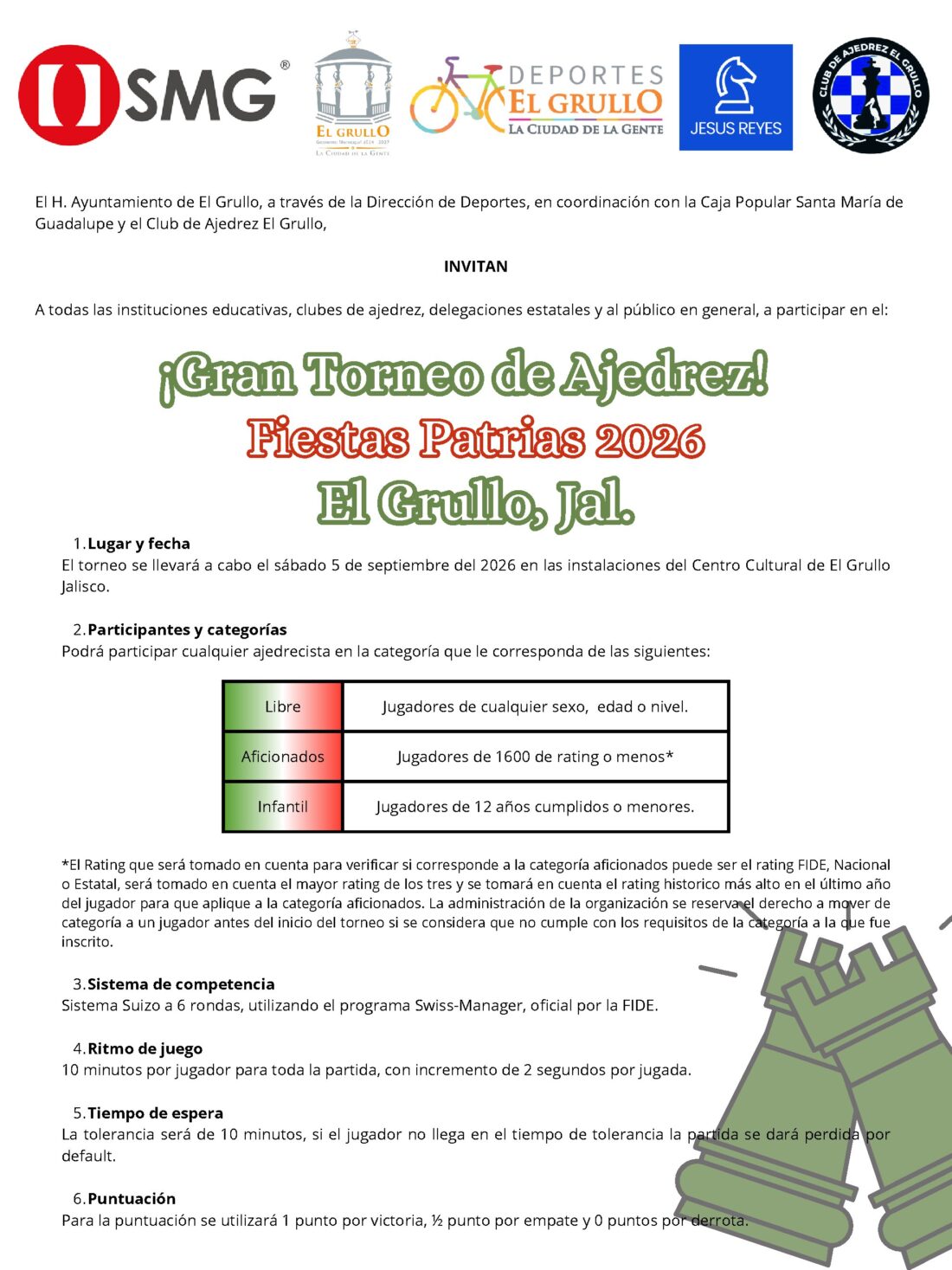 Convocatoria de Gran Torneo de Ajedrez “Fiestas Patrias El Grullo 2026”