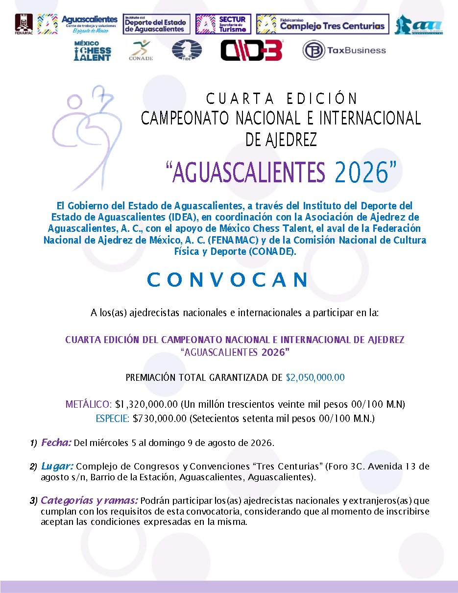 Convocatoria de IV Campeonato Nacional e Internacional de Ajedrez “Aguascalientes 2026”