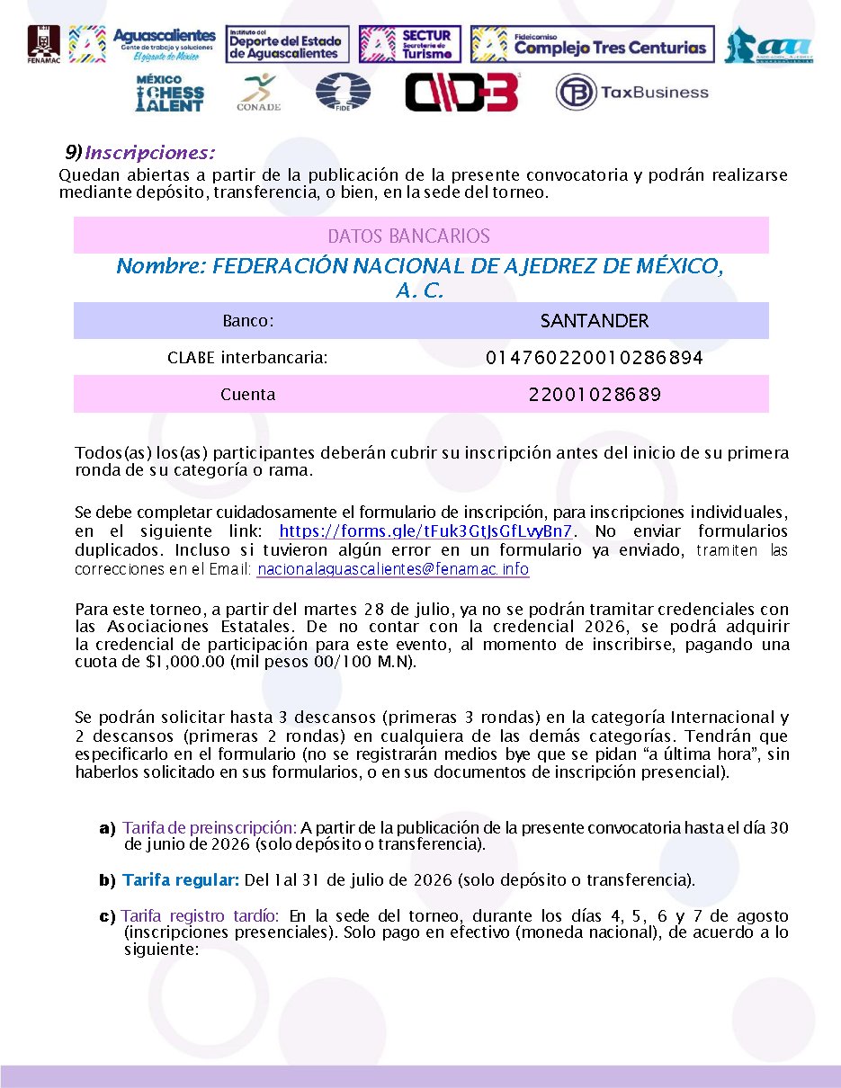 Convocatoria de IV Campeonato Nacional e Internacional de Ajedrez “Aguascalientes 2026”