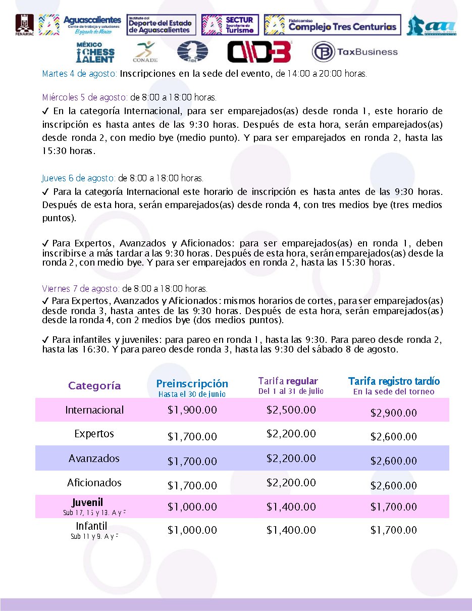 Convocatoria de IV Campeonato Nacional e Internacional de Ajedrez “Aguascalientes 2026”