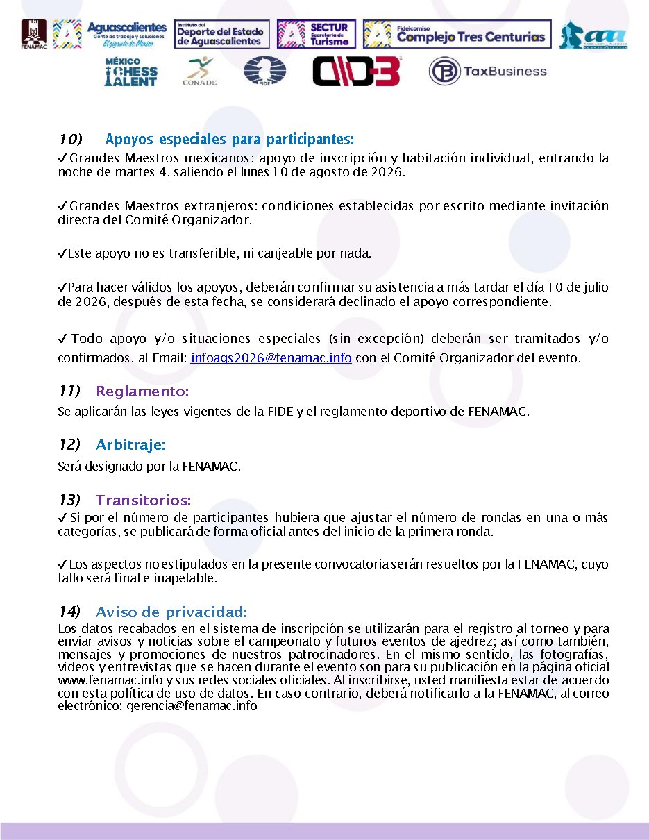 Convocatoria de IV Campeonato Nacional e Internacional de Ajedrez “Aguascalientes 2026”