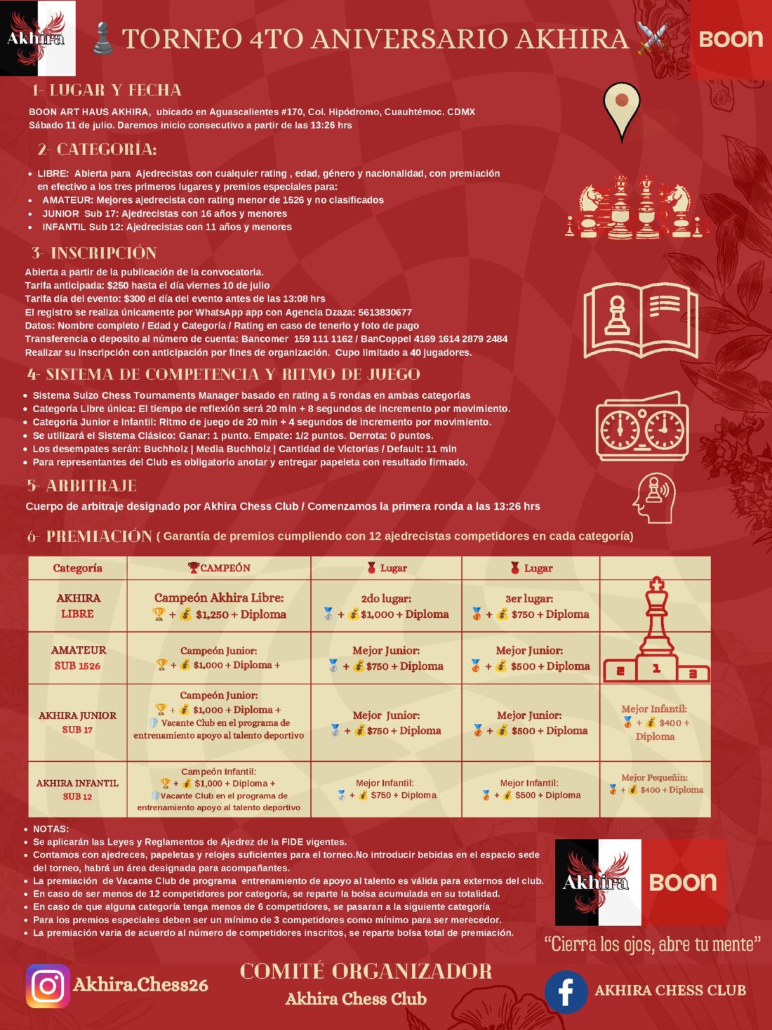Convocatoria de Torneo 4to Aniversario Akhira Chess Club — BOON Art Haus