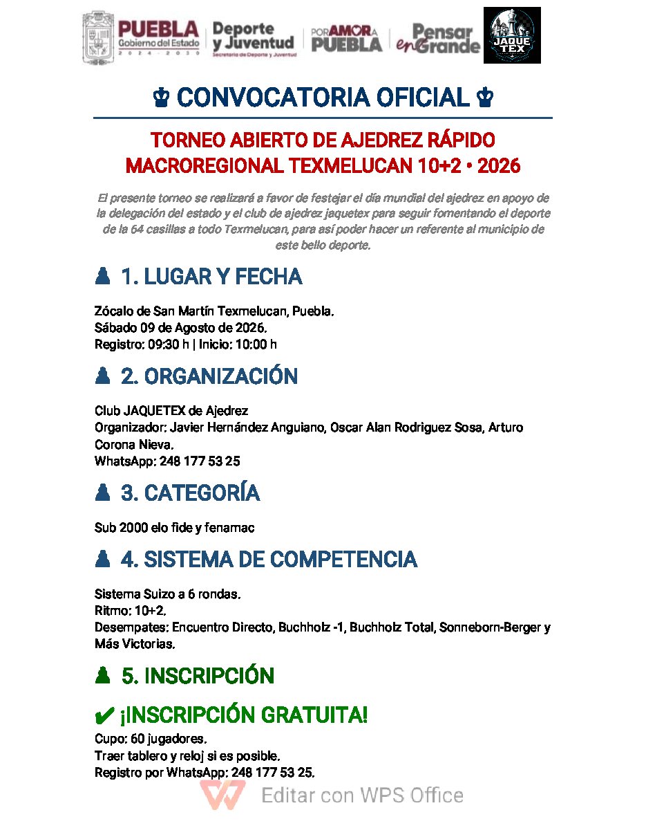 Convocatoria de Torneo gratuito de agosto en Texmelucan
