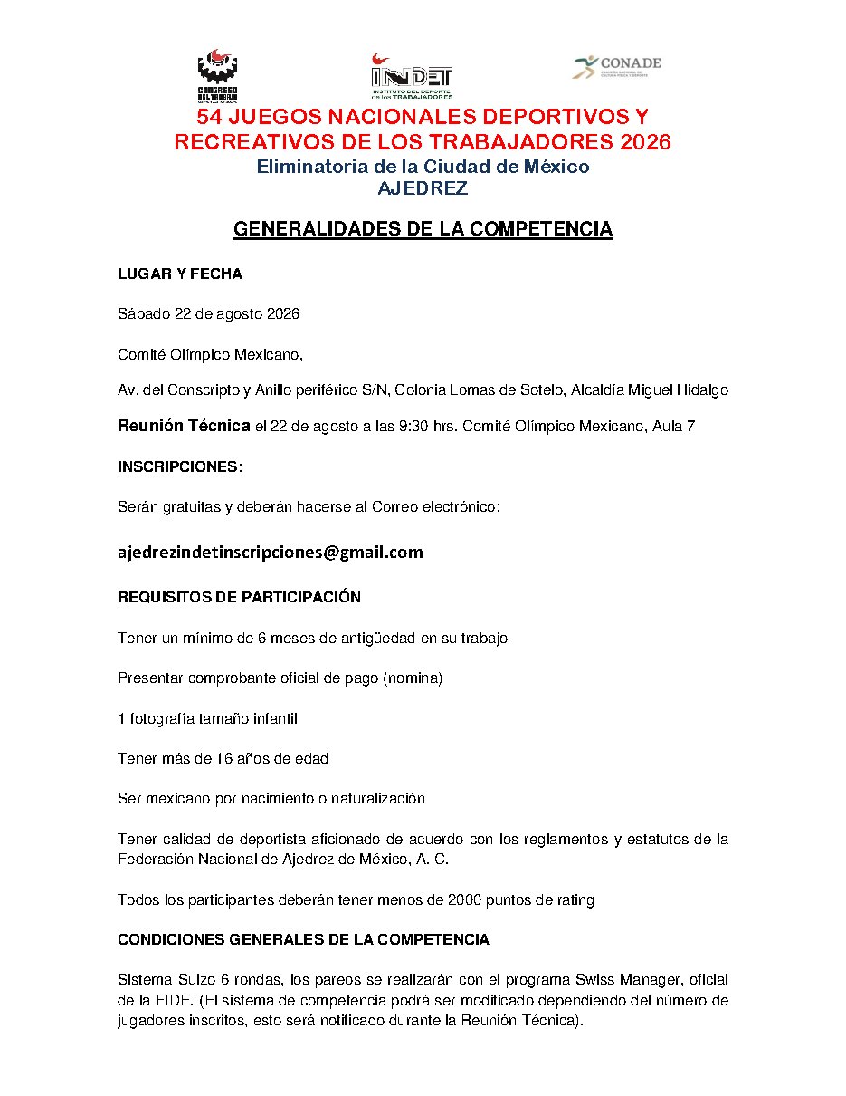 Convocatoria de 54 JUEGOS NACIONALES DEPORTIVOS Y RECREATIVOS DE LOS TRABAJADORES 2026 Eliminatoria de la Ciudad de México AJEDREZ