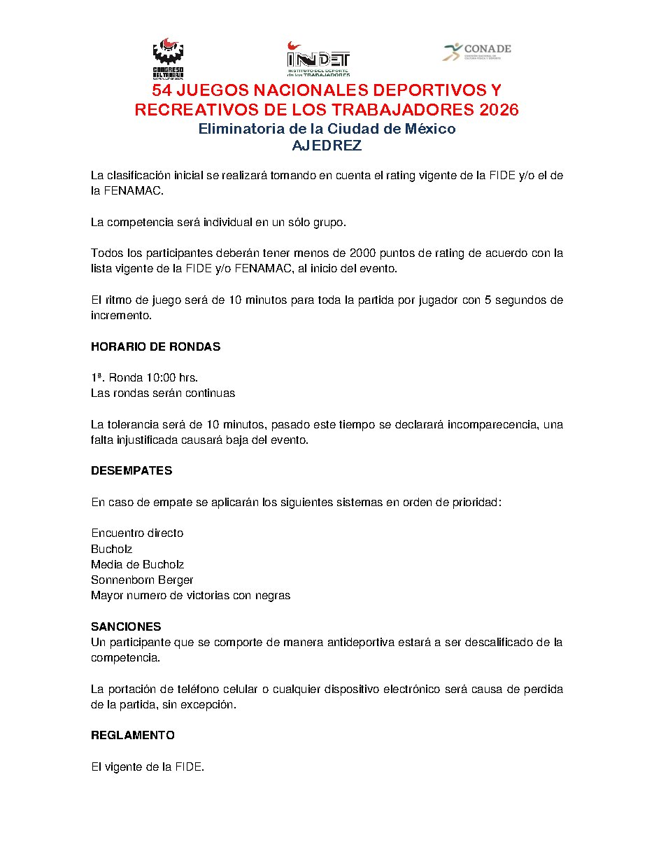 Convocatoria de 54 JUEGOS NACIONALES DEPORTIVOS Y RECREATIVOS DE LOS TRABAJADORES 2026 Eliminatoria de la Ciudad de México AJEDREZ