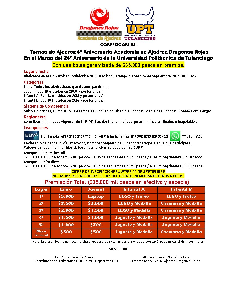 Convocatoria de 4º Aniversario Academia de Ajedrez Dragones Rojos