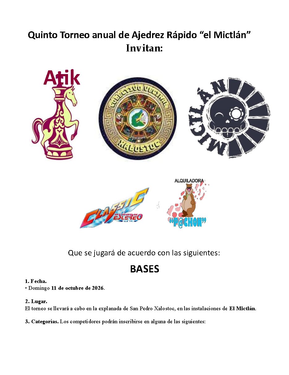 Convocatoria de Quinto Torneo anual de Ajedrez Rápido “el Mictlán”