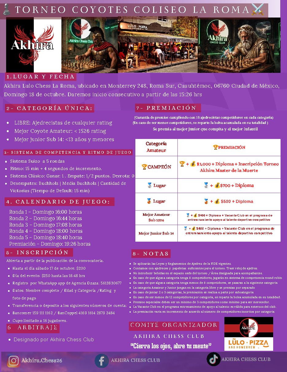 Convocatoria de TORNEO COLISEO AKHIRA LA ROMA